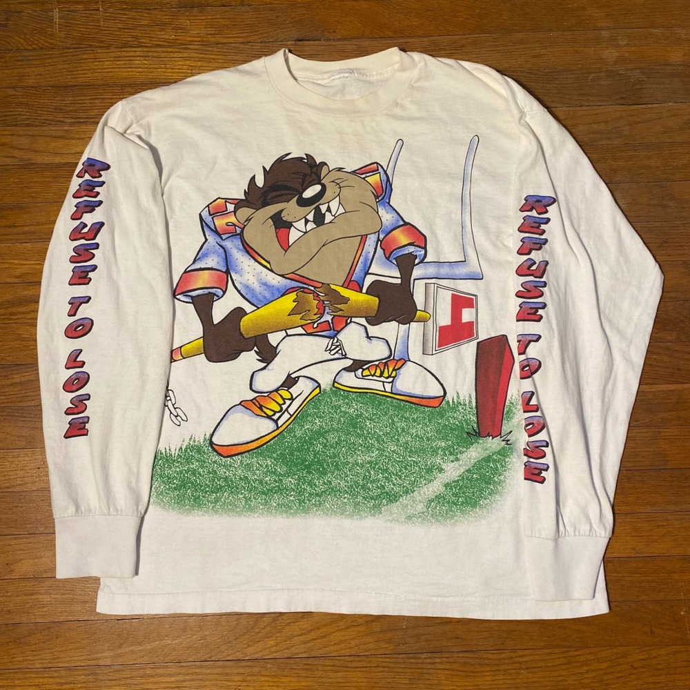 Vintage‎ 90s Looney Tunes Tazmanian Devil Football Long Sleeve T Shirt Mens M